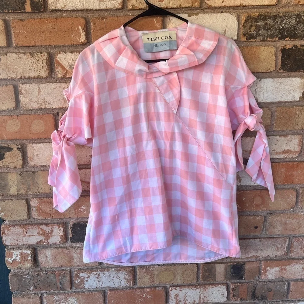 Tish Cox Peter Pan Collar Tie Sleeve Pink White Checkered Blouse